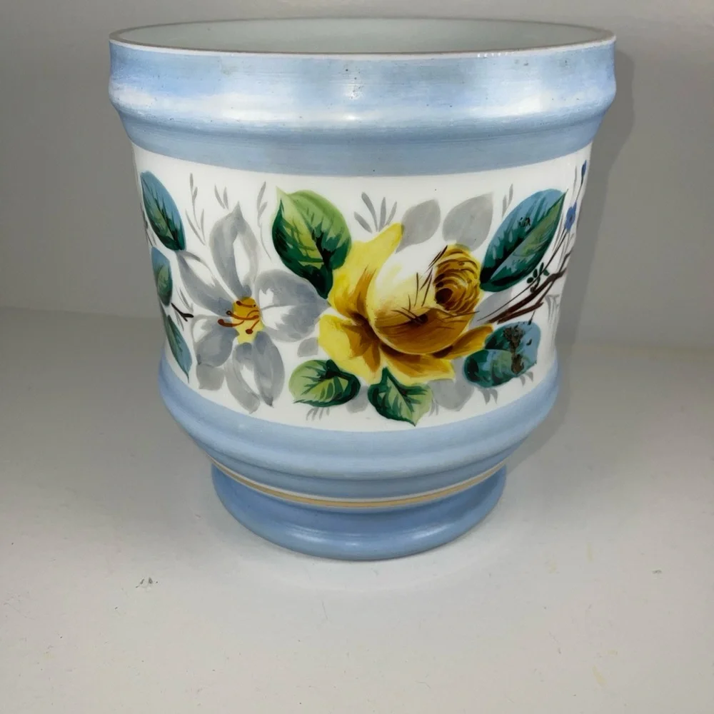 Vintage Milk Glass planter Westmoreland Style 1950s Cachepot floral hand painted